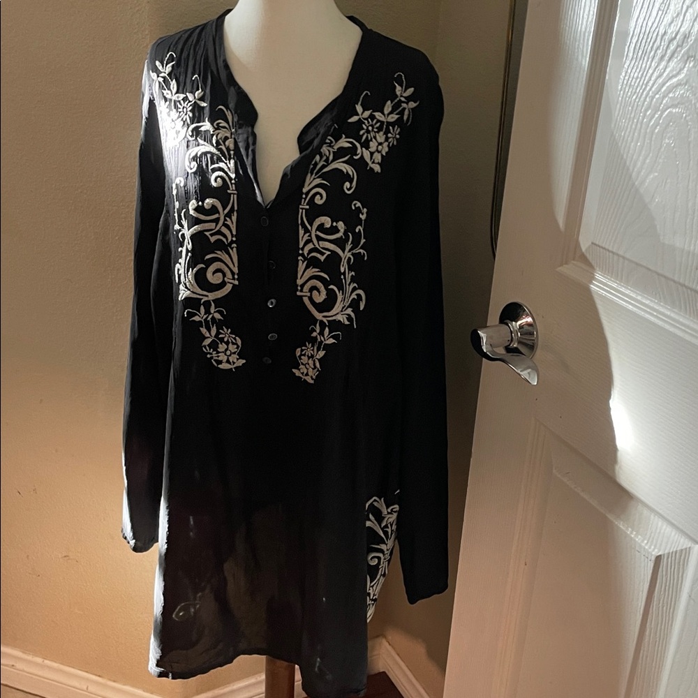 Johnny Was 3/4 button down Sheer Black with cream florals stitched.